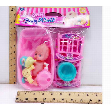 Набор Пупсик в ванночке + кроватка и аксессуары в пакете 23см