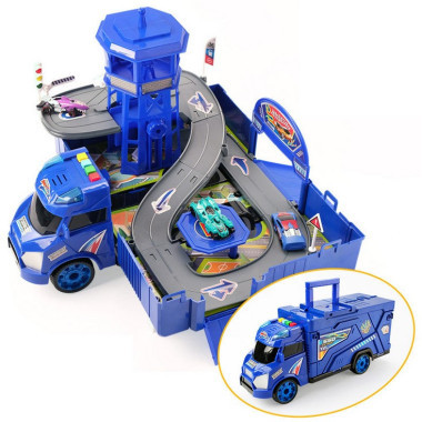 Полицейский грузовик 2в1 с площадкой и машинками, со световыми и звуковыми эффектами, в коробке 53х15х19см