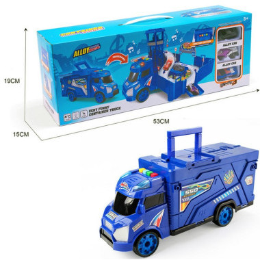 Полицейский грузовик 2в1 с площадкой и машинками, со световыми и звуковыми эффектами, в коробке 53х15х19см