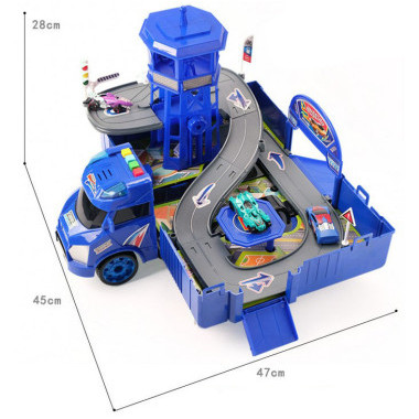 Полицейский грузовик 2в1 с площадкой и машинками, со световыми и звуковыми эффектами, в коробке 53х15х19см
