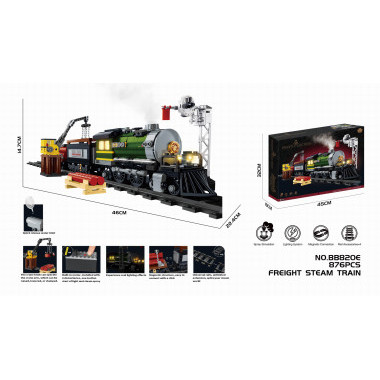 Конструктор BB820E &quot;Паровоз зеленый&quot; Дым, Магнитные крепления, Свет, Рельсы 4штуки 876 дет. 32х8х45