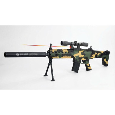 Детский пневматический автомат с глушителем и лазерным прицелом зеленый камуфляж в пакете 98см