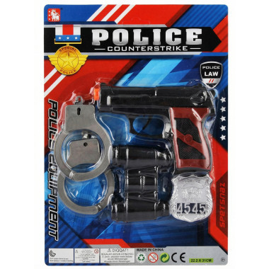 Набор полицейского пистолет, наручники, бинокль и жетон на картоне