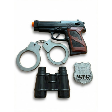 Набор полицейского пистолет, наручники, бинокль и жетон на картоне