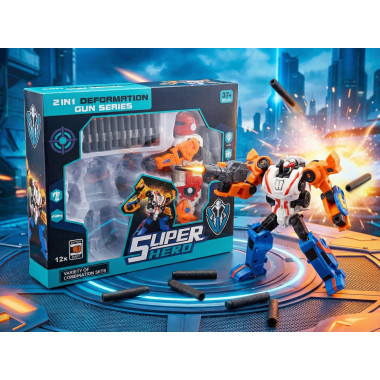 Робот-трансформер 2в1 (из 3 машинок) и бластер с мягкими пулями, в коробке 40х8х35 см