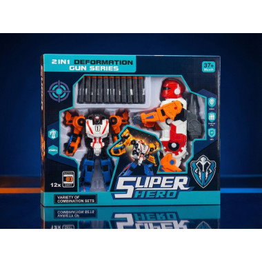 Робот-трансформер 2в1 (из 3 машинок) и бластер с мягкими пулями, в коробке 40х8х35 см