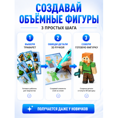 3D Ручка с трафаретами для создания объёмных фигурок Minecraft, 6+ 21х6х16.4см