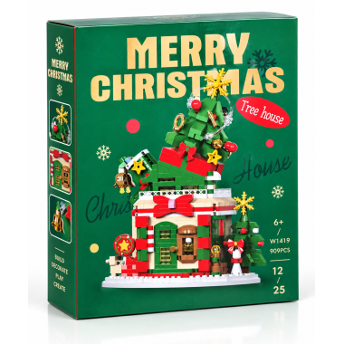 Новогодний конструктор W1419 LELE BROTHER «Домик с ёлкой» Merry Christmas, 909 деталей, 6+, 18×13,5×7,2 см