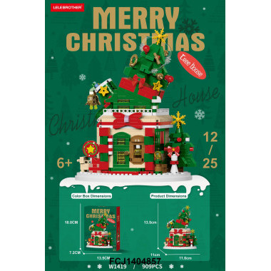 Новогодний конструктор W1419 LELE BROTHER «Домик с ёлкой» Merry Christmas, 909 деталей, 6+, 18×13,5×7,2 см