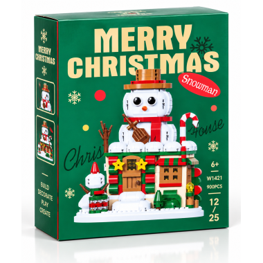 Новогодний конструктор W1421 LELE BROTHER «Домик со снеговиком» Merry Christmas, 900 деталей, 6+, 18×13,5×7,2 см