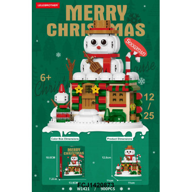 Новогодний конструктор W1421 LELE BROTHER «Домик со снеговиком» Merry Christmas, 900 деталей, 6+, 18×13,5×7,2 см