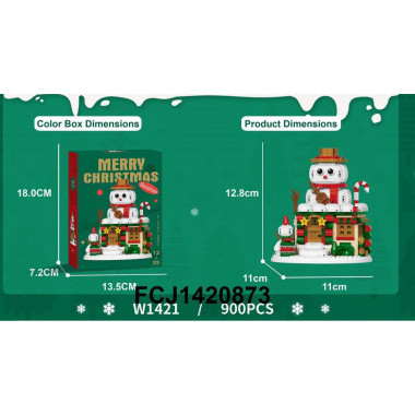 Новогодний конструктор W1421 LELE BROTHER «Домик со снеговиком» Merry Christmas, 900 деталей, 6+, 18×13,5×7,2 см