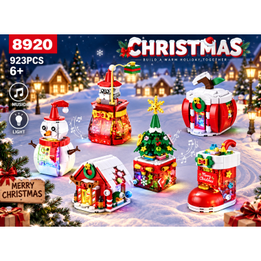 Новогодний конструктор LELEBROTHER 8920 Merry Christmas 6 в 1 со светом и музыкой, 923 детали, 6+, 14,5 × 11,3 см