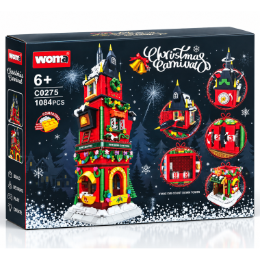 Новогодний конструктор WOMA C0275-DS «Рождественская башня с часами и обратным отсчётом», 1084 детали, 6+