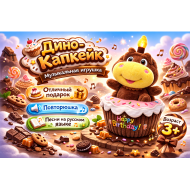Интерактивная музыкальная игрушка «Динозаврик в кексике» — повторюшка, 7 песен на русском языке, 25 × 16 см