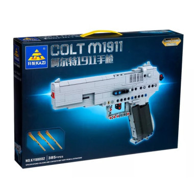 Конструктор Kazi 88002 Пистолет Кольт M1911 (стреляет пулями), 385 дет., 42х30х7 см.