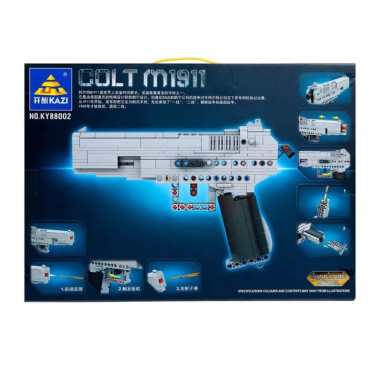 Конструктор Kazi 88002 Пистолет Кольт M1911 (стреляет пулями), 385 дет., 42х30х7 см.