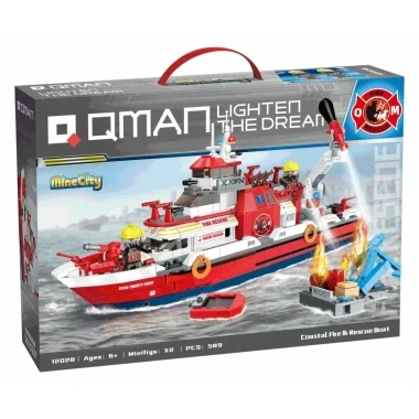 (КИЗ) Конструктор Qman 12028 Пожарно-спасательный катер (функция подачи воды), 589 дет., 41х30х7 см