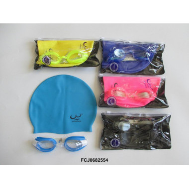Набор для плавания в сумочке с шапочкой и очками 5 цветов 22х12х2 см