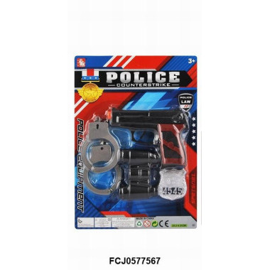 Набор полицейского пистолет, наручники, бинокль и жетон на картоне